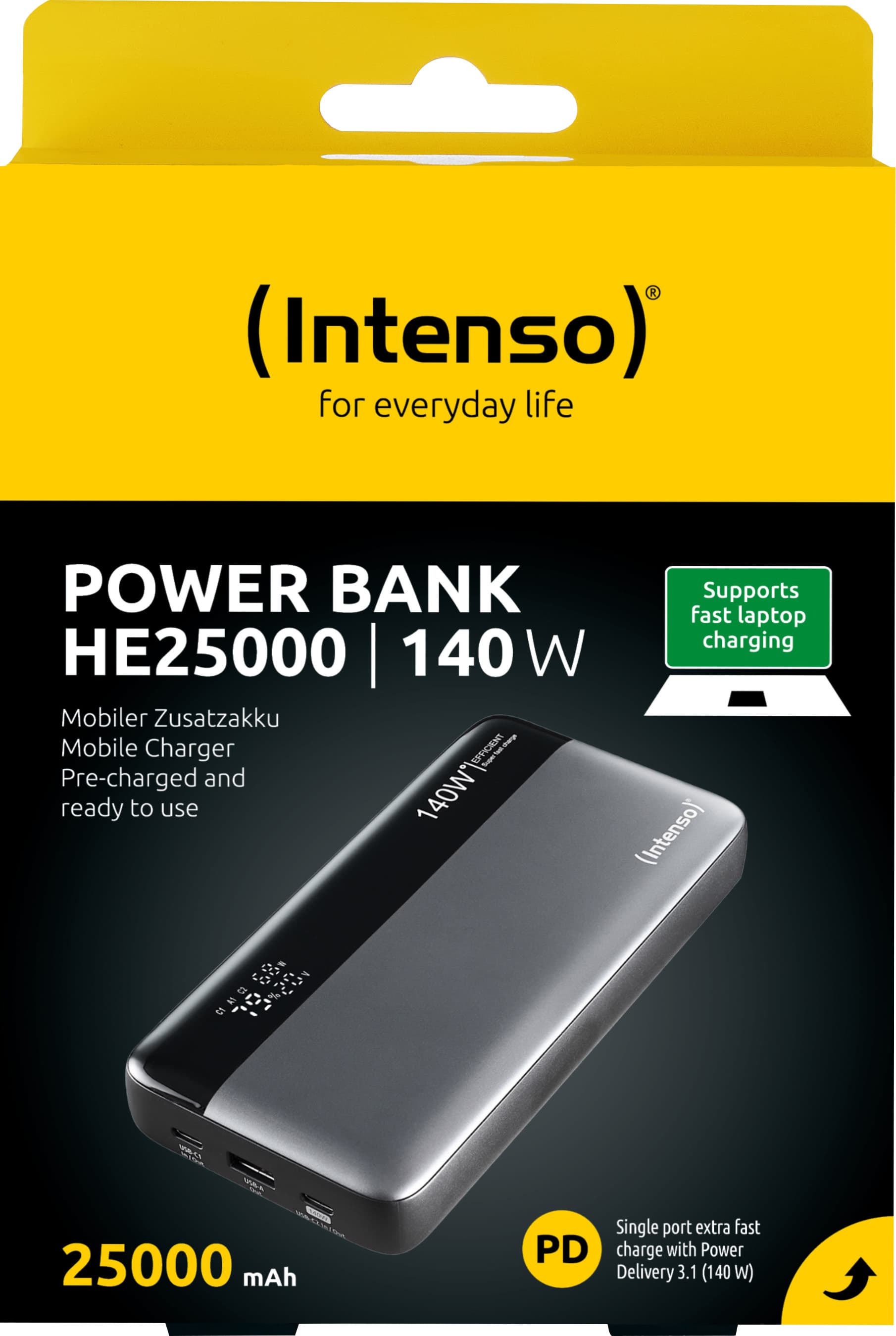 Batterie externe Intenso « HE25000 » – 25000 mAh, gris-noir, 140 W, 1 port USB-A QC, 2 ports USB-C PD 3.1